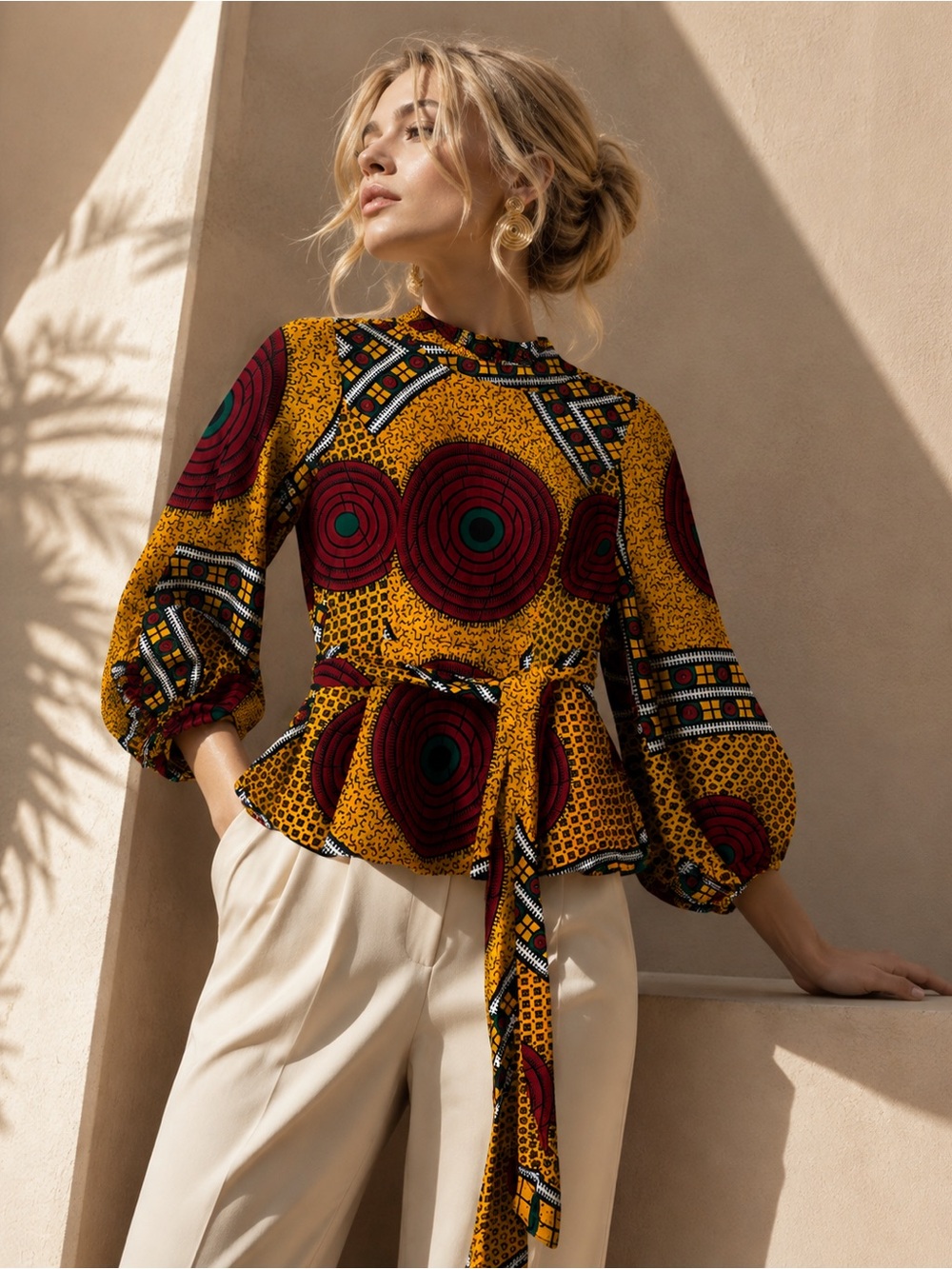 PaceSetter Fashion Empire African Print Peplum Blouse S NWT